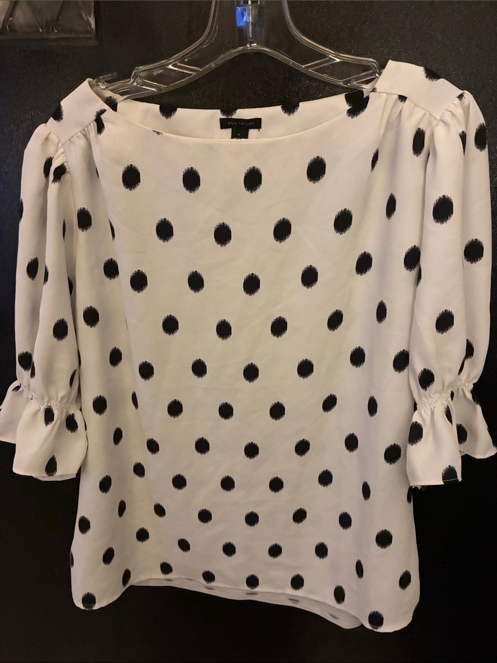 Ann Taylor White Blouse with Black Polka Dots L